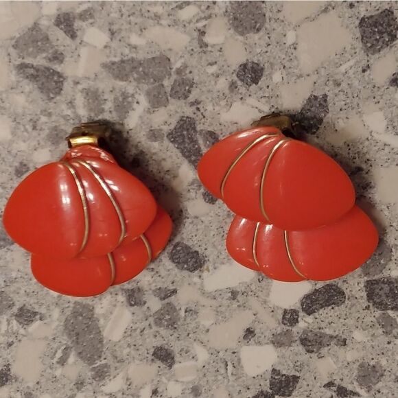 2/$20 VTG Bright Orange Clip Earrings Gold Trim - Picture 2 of 7